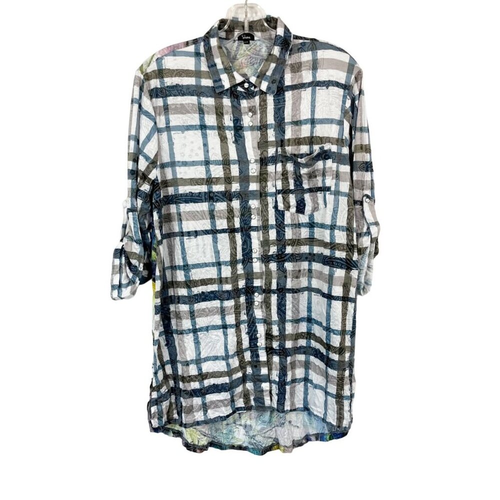 Shana Plaid Floral‎ Artsy Tunic Shirt Snap Button Roll Tab Sleeves - Size XS